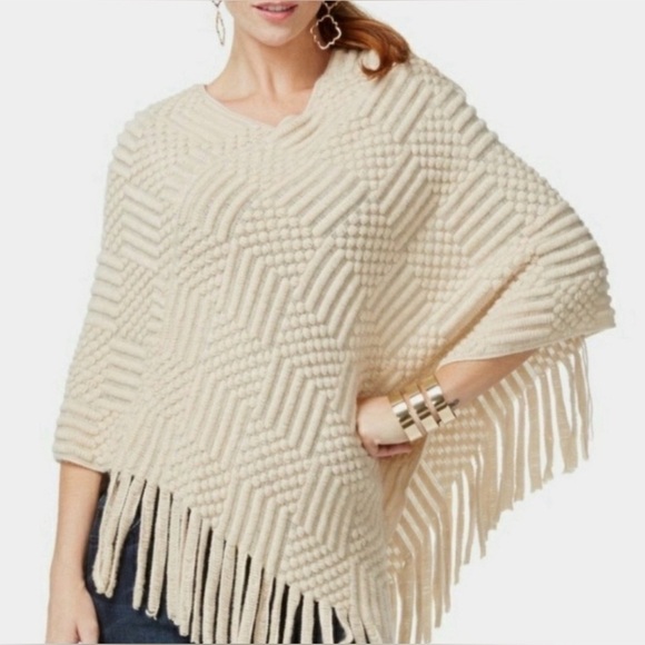 INC International Concepts Accessories - INC Int’l Concepts Cream Textured Knit Fringe Poncho Sweater - Cozy 0XL/1XL